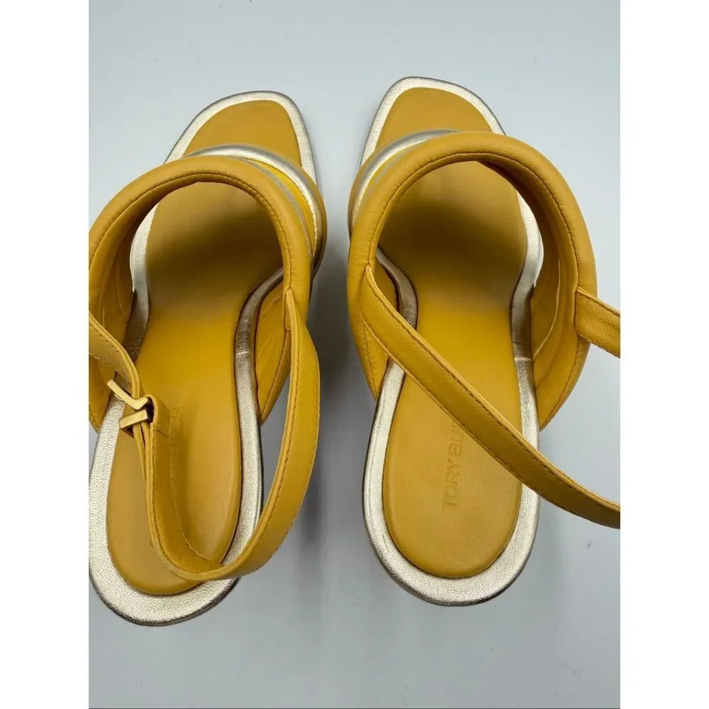 Tory Burch Yellow Metallic Puffy Leather Wedge Sandal Slingback Open Toe Size 9M